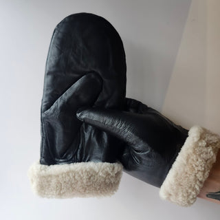 Leather Shearling Mittens - Black