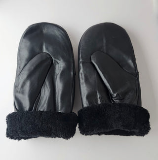 Leather Shearling Mittens - Black