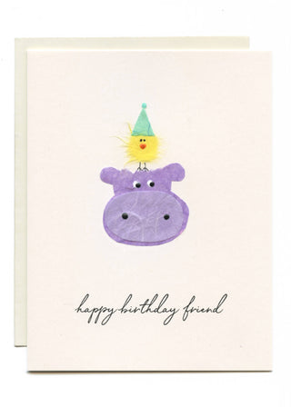 "Happy Birthday Friend" Hippo with Bird on Head