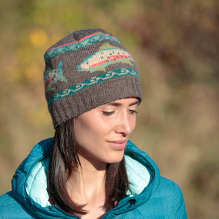 Trout Wool Beanie Hat with Fish Motif - Stone