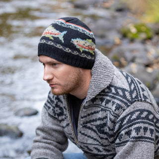Trout Wool Beanie Hat with Fish Motif - Stone