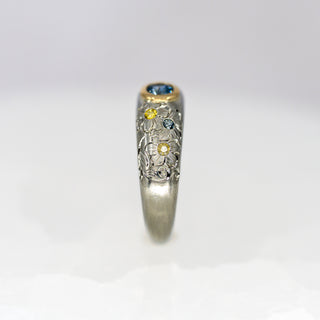 Blue and Yellow Sapphire Etched in Time Ring
