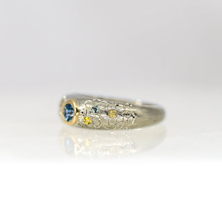 Blue and Yellow Sapphire Etched in Time Ring