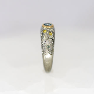 Blue and Yellow Sapphire Etched in Time Ring