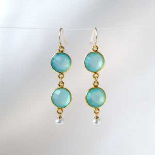 Double Chalcedony Coin Drop Earring
