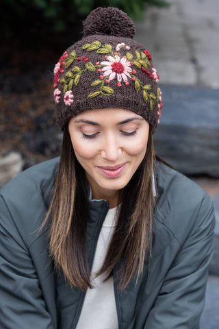 Olivia Hand-Embroidered Wool Hat with Pom - Navy