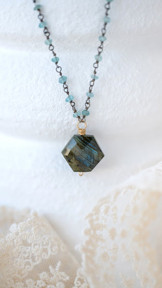 Apatite Rosary with Labradorite Hex Drop Necklace