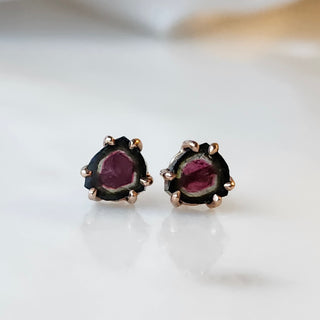 Rose Gold Watermelon Tourmaline Slice Stud Earrings