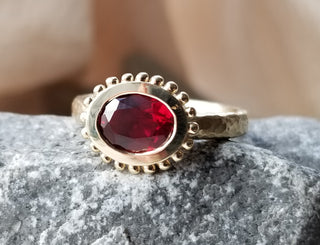 Vintage Inspired Hand Hammered 14K Yellow Gold Ring Set With An Heirloom Synthetic Red Corundum