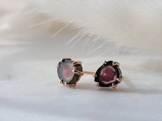 Rose Gold Watermelon Tourmaline Slice Stud Earrings