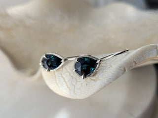 Pear Shaped Teal Sapphire Drop Earrings