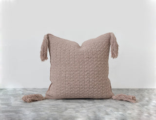 Crochet Pillow With Tassels - Taupe