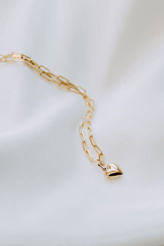 Gold Puff Heart Paperclip Necklace