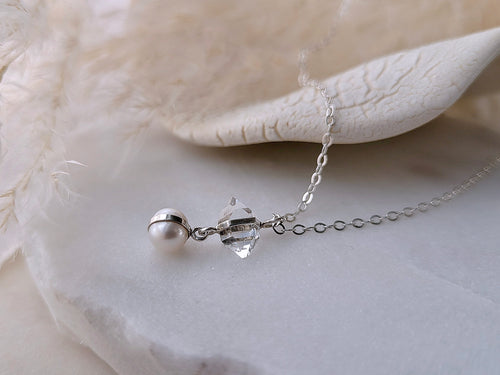 Melissa Joy Manning Bezel Wrapped Pearl & Herkimer Diamond Quartz Pendant