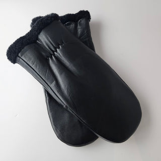 Leather Shearling Mittens - Black