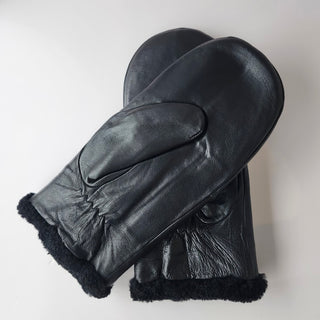 Leather Shearling Mittens - Black