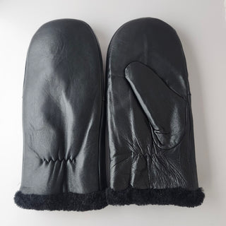 Leather Shearling Mittens - Black