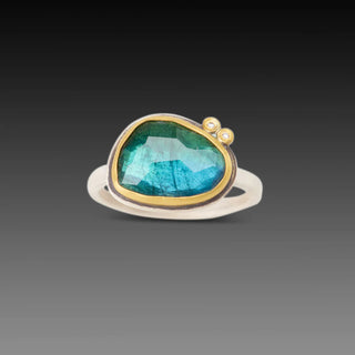 Rosecut Teal Tourmaline Ring with Diamond Accents