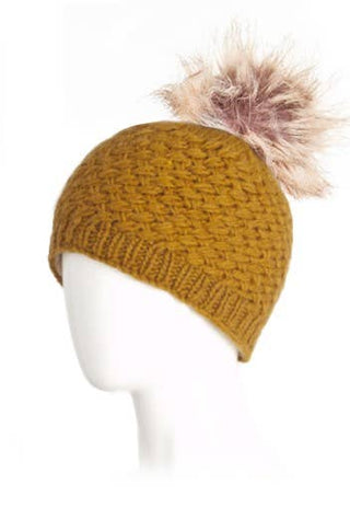 Palermo Wool Beanie Hat with Faux Fur Pom - Ocre