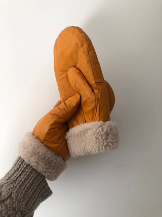 Leather Shearling Mitten - Mustard