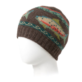 Trout Wool Beanie Hat with Fish Motif - Stone