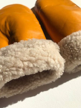 Leather Shearling Mitten - Mustard