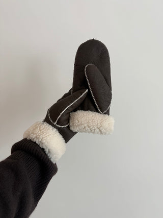 Shearling Mittens - Black With White Stitch