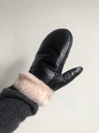 Leather Shearling Mittens - Black