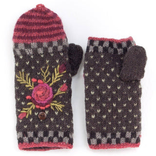 Aubrey Floral Embroidered Wool Flip Mittens | Handwarmer - Charcoal