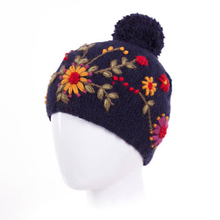 Olivia Hand-Embroidered Wool Hat with Pom - Navy