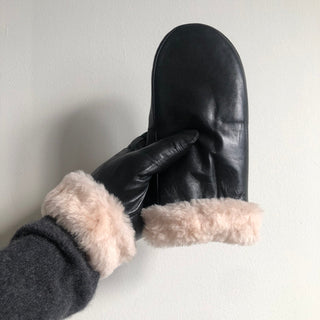 Leather Shearling Mittens - Black