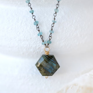 Apatite Rosary with Labradorite Hex Drop Necklace