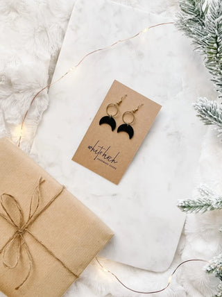 Black Leather Moon & Brass Ring Earrings: 14k Gold Fill Hooks