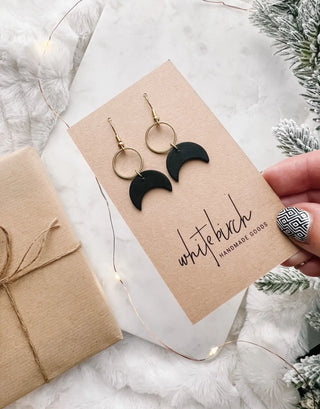 Black Leather Moon & Brass Ring Earrings: 14k Gold Fill Hooks