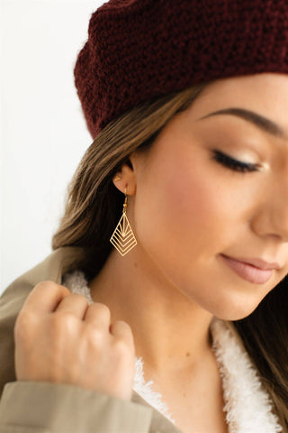 Brass Art Deco Diamond Shaped Earrings: 14k Gold Fill