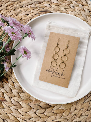Brass Triple Hexagon Dangle Earrings: 14k Gold Fill Hooks