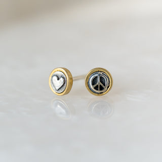 Bronze and Sterling Silver "Peace + Love" Studs