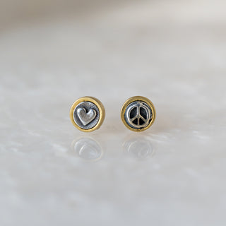 Bronze and Sterling Silver "Peace + Love" Studs
