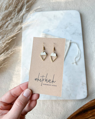 Cream Leather & Brass Triangle Earrings: 14k Gold Fill Hooks