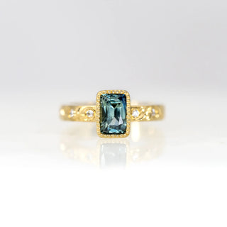 Cushion Teal Sapphire Etched in Time Ring