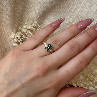 Cushion Teal Sapphire Etched in Time Ring