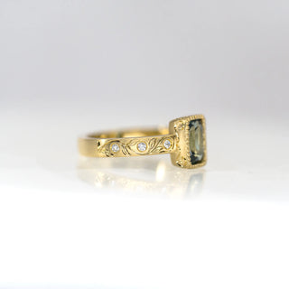 Cushion Teal Sapphire Etched in Time Ring