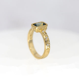 Cushion Teal Sapphire Etched in Time Ring