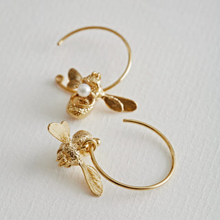 Flying Bee with Pearl Hoop Earrings