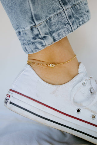 Gold Filled Heart Anklet- Puffed Heart