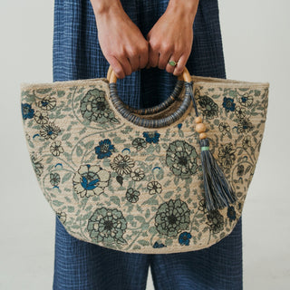 Jute Bag - Circular Handles with Tassel - Denim Floral