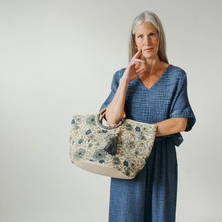 Jute Bag - Circular Handles with Tassel - Denim Floral