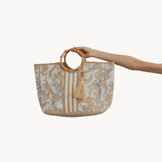 Jute Bag - Circular Handles with Tassel - Whimsical Stripe