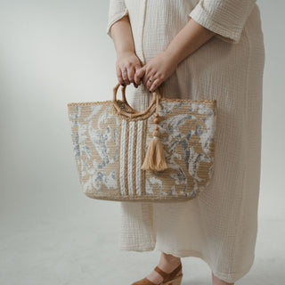 Jute Bag - Circular Handles with Tassel - Whimsical Stripe