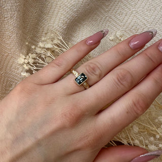 Cushion Teal Sapphire Etched in Time Ring